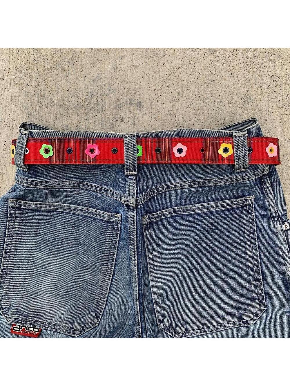 Colorful Plaid and Flower belt. Y2k style. 40 inches length - Picture 5 of 8